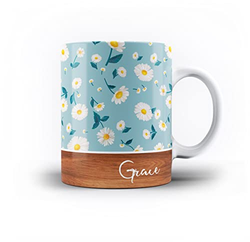 iCaseDesigner Personalised Floral & Leaf Pattern with Name on Wood Design 11oz Ceramic Mug - 12. Daisies on Blue