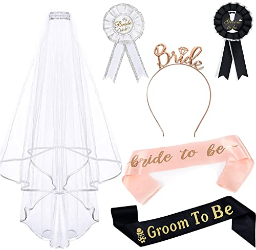 6 Pcs Decorazioni per Addio al Nubilato Velo Sposa Fascia Futura Sposa Sposo Spilla Bride to Be Groom to Be Corona Diadema Tiara Sposa Addobbi Accessori Gadget Oggetti Kit per Hen Night Matrimonio