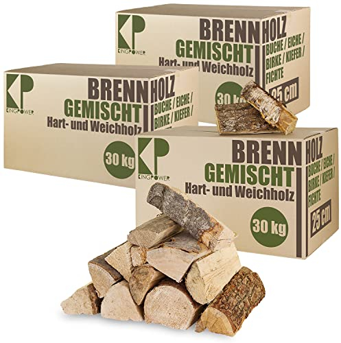 Brennholz Gemischt Kaminholz 30, 60, 90kg Buche Birke Eiche Kiefer Fichte Holz Für Ofen Kamin Kaminofen Feuerschale Grill Feuerholz 25 cm Kammergetrocknet Kingpower, Menge:90 kg