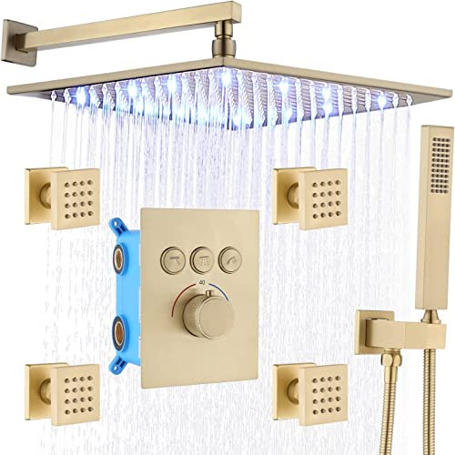 Delnet Shower System Concealed Brushed Gold 12 Inch Wall Mounted LED Rain Shower System with Body Jets Thermostatic Shower Mixer Set