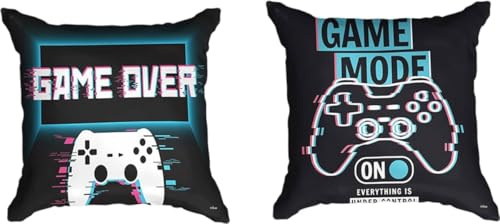 Ulticool - Cushion Cover - Game On Off Controller Monitor Gaming - Set of 2 Designs - 45 x 45 cm - Decorative Cushion Without Filling - Accessory for Sofa/Bed - Black Blue Turquoise