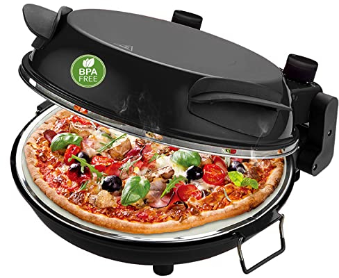 Emerio Pizzaofen, Platte aus feuerfestem Stein, backt Pizza in kurzer Zeit (auch für TK Pizza), 31.5 cm Durchmesser, 1200 Watt, Timer, BPA frei, Pizzaheber aus Edelstahl, PM-129032.2, Schwarz