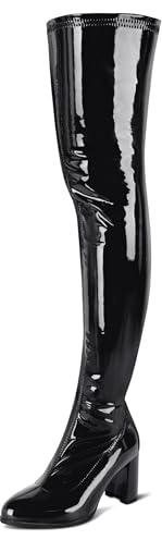 girgod Black Thigh High Boots for Women Patent Leather PU Side Zipper High Heeled Booties Black Over The Knee Boots Size 6