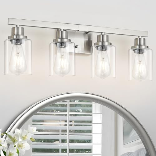 DIKAIDA Bathroom Vanity Light, 4-Light Nickel Modern Matte Wall Sconce Lighting with Clear Glass Shade, Wall Lights,Bath Vintage Wall Mounted Lamps for Mirror Bedroom Living Room