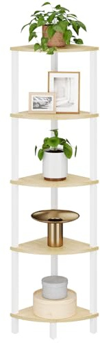 VIMBER Corner Shelf, 5-Tier Corner Bookshelf, Industrial Corner Ladder Shelf, Rustic Display Shelf for Living Room, Bedroom, Kitchen, Home Office, White and Nature Wood Color UJSJ001Q