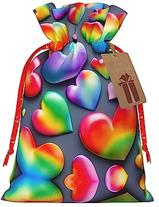 ZISHAK Regenbogenfarbene Liebesherzen, zarte Jute-Geschenktüte mit Kordelzug, handwerklicher Stoff, Geschenktasche, perfekt für Weihnachten