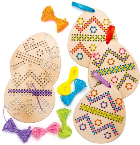 5 Stück Ostern Holz Kreuzstich Set Ostereier Anfänger Kinder Kreuzstich Stickerei Holz Wooden Lesezeichen Cross Stitch mit Kreuzstich Rahmen Fäden Nadeln Bändern für DIY Hängende Hause Dekorationen