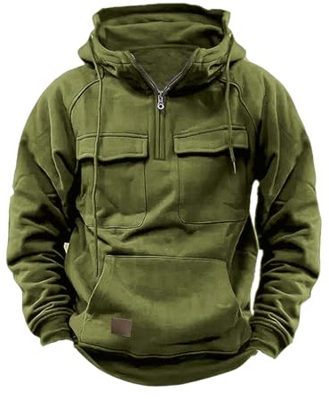 Zeiayuas Hoodie for Men UK Clearance Half Zip Hooded Sweatshirt Cargo Vintage Pullover Casual Solid Color Hoody Drawstring Jumper Workout Gym Sports Outdoor Sportwear with Kanga Pocket Army Green