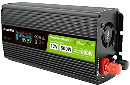 Green Cell LCD Spannungswandler 500W/1000W 12V auf 230V Reiner Sinus Volt Spannungswandler Wechselrichter Konverter Pure Sine Wave Power PowerInverter DC AC Umwandler Stromwandler Wohnwagen Auto