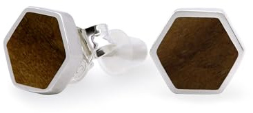 NaturSchatulle Holzschmuck Set Ohrringe Halskette Hexagon 7mm Damen Holzohrringe 925 Silber Nussbaum Holz Ohrstecker Schmuck
