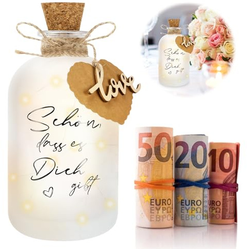 Farerkass LED Flaschenlicht mit Spruch Schön, dass es Dich gibt - Personalisierte beleuchtete Dekoflasche - Geschenk für Frauen, Freundin & Mama als Geburtstagsgeschenk, Hochzeitsdeko