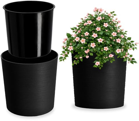 KADAX Blumentopf ⌀ 25cm, eleganter Übertopf mit Einlage, Topf, Gartenschale, Blumenkübel, Blumentopfschutz für Wohnzimmer, Büro (Schwarz)