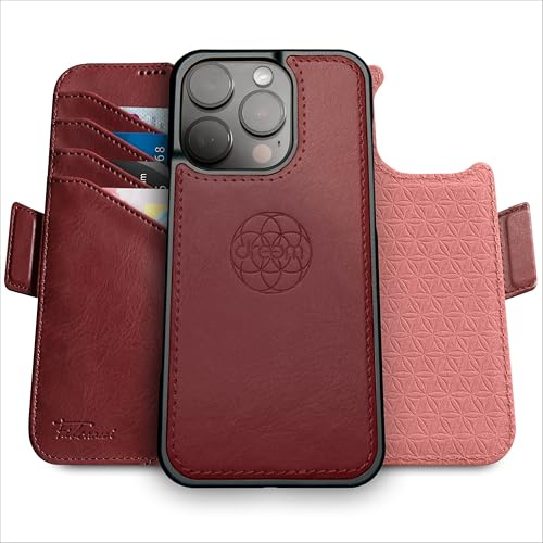 dreem Wallet Case for iPhone 16 Pro Max, Revolutionary Vert/Hor Phone Stand, Magnetic Detachable Vegan Leather Flip Cover RFID Blocking Card Holder, MagSafe-Fit, Gift Box [Fibonacci: Burgundy]