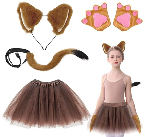UILYNIU 4 Stück Kostüm Fuchs für Kinder, Fuchsohren Stirnband Fuchsschwanz Fuchs Pfoten Handschuhe Mädchen Tutu, Faschingskostüm Fuchs ohren Cosplay für Kinder Karneval Halloween Tierkostüm