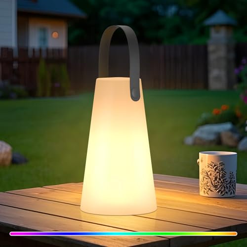 FUYO Outdoor Tischlampe Kabellos Dimmbare LED Akku Tischlampe mit warmweiß 8 Farben Fernbedienung Farbwechsel für Garten Schlafzimmer Aussen BBQ Camping (Glam)