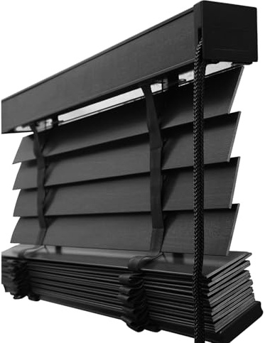 50mm Slats Cordless Window Blinds Faux Wood Blind 30/50/80/90/105/115/120/150/160cm Blackout Horizontal Venetian Blinds, Balcony Privacy Shades for Office, Bedroom, Living Room(Classic black)