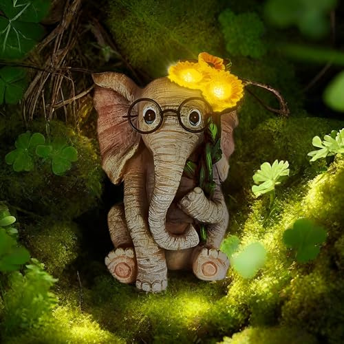 Tuzsocr Elefantenstatue Gartendekoration, Elefanten Deko mit LED Solarlampe, Wetterfest Elefanten Figuren Gartenfiguren für Außen Garten Draußen, Geburtstagsgeschenk für Frauen Mama Freundin (Stil 1)