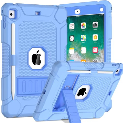 TOPWANT Case for iPad 6th 5th Generation (9.7 inch, 2018/2017), Shockproof Protective iPad 9.7 Case with Built-in Stand/Pencil Holder for iPad 6th/5th Gen, Air 2, Blue | Heavy Duty Shockproof iPad Case Cover, Rugged Protective Case, Built-in Sturdy Kickstand, Pencil Holder