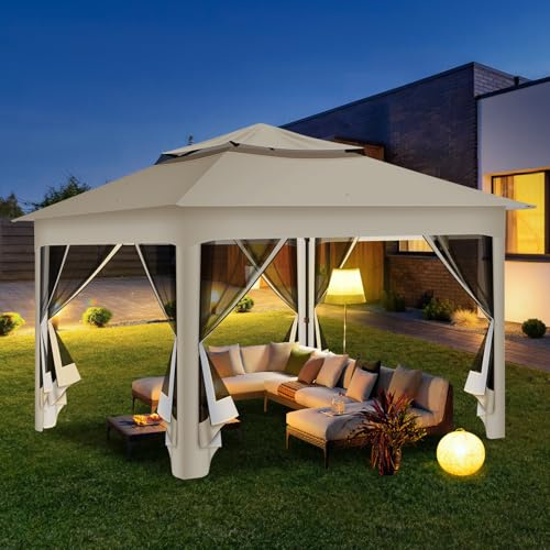 Ollewiellan Pavillon 3x3m Wasserdicht Stabil, GartenPavillion Doppeldach Pavillon, Plane Partyzelt, Metallrahmen Pavillon, Gazebo für 2-4 Personen, Beige