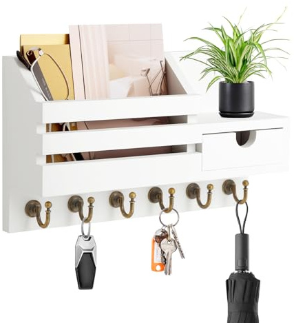 iulrtba Portachiavi con ripiano, portachiavi in legno con 6 ganci e cassetto portaoggetti, portachiavi, portachiavi da parete per ingresso ufficio corridoio (bianco)