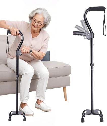 Quad Walking Cane Adjustable Men & Women, Foldable Walking Stick for Seniors, Lightweight & Sturdy with 4-Pronged Base for Extra Stability, Crutche with Foam Padded