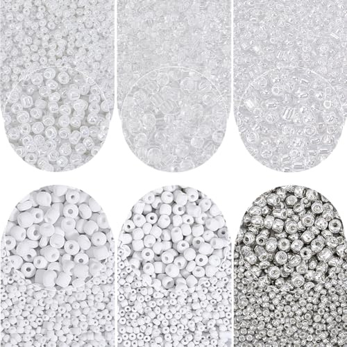 PH PandaHall 4200 Stück 4mm Rocailles Perlen Weiß Silber Pony Perlen 6 Stil Mini Transparente Glas Spacer Perle Für Ohrringe Armband Schmuckherstellung Bohrung: 1.5mm