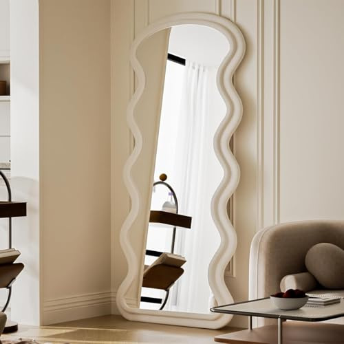 Koonmi 63x24 Wavy Mirror Full Length, Flannel Floor Mirrors, Irregular Wavy Standing Mirror Wall Mounted with Flannel Wrapped Frame for Bedroom & Living Room, White
