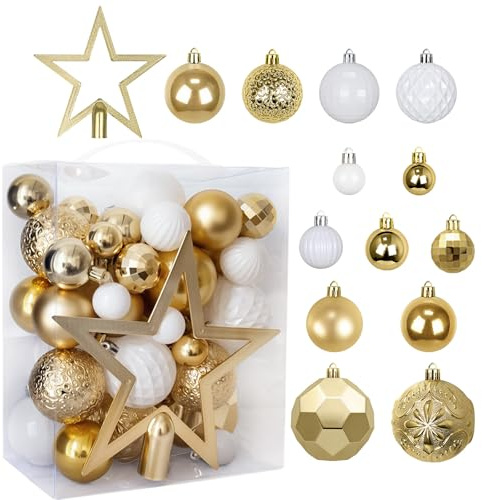2026 Nouveau modèle Lot de 50 Boules de Noel Ø 8cm~3cm - en Plastique - avec Pointe de Sapin - Incassables - Décoration de Noël -Champagne Or et Blanc