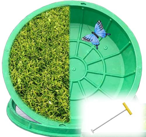 Couvercle de Regard Couvercle De Regard Rond Vert Avec Base Et Clé, Couvercle De Fosse Septique Invisible Et Amovible, Couvercle De Drain Extérieur Pour Cours, Patios Et Pelouse(Inner Dia 40cm)