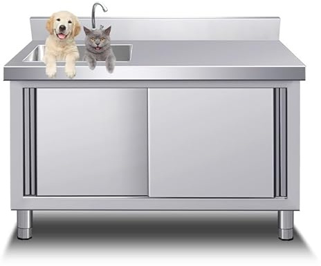 Lavello autoportante in acciaio inox con mobile, lavabo da esterno con banco da lavoro e stoccaggio, ideale per giardino, garage, ristorante, lavanderia, 120 x 50 x 80 cm