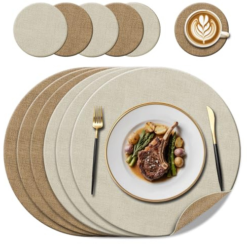 Rundes Kunstleder-Platzset(38cm) & Untersetzer, Beige/Creme, 6er-Set | Beidseitig einsetzbar, hitzebeständig bis 100°C, rutschfest & abwischbar für Glastisch, Holztisch, Marmortisch, Innen & Außen