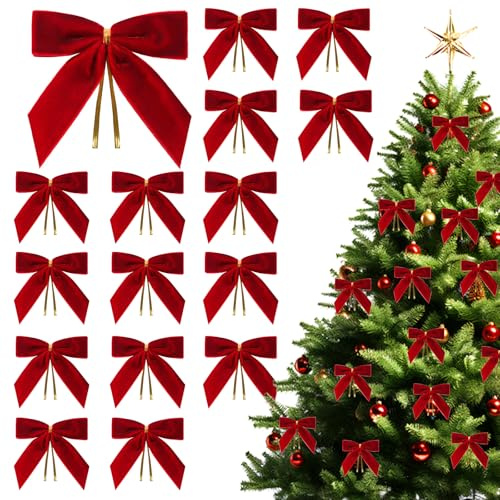 16 Stück Weihnachtsdeko,Weihnachtsbaum Deko,Weihnachtsbaumschmuck | Rote Samt Schleifen Weihnachtsbaum,Weihnachtskranz Geschenke Deko,Weihnachten Party,Familienfeiern,Twist Tie Design