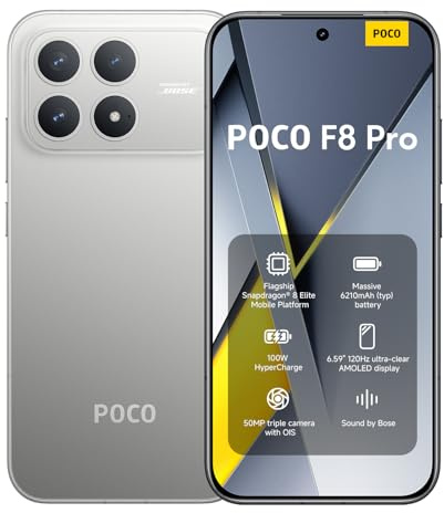 Xiaomi POCO F8 Pro, Smartphone 12+256 GB, 6.59 120Hz AMOLED Display, 50MP Triple Camera 60mm Telephoto, Sound by Bose, 6210mAh (typ) Battery, Titanium, Charger Not Included