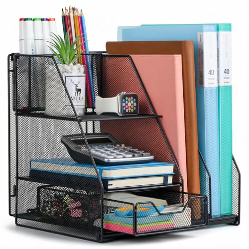 Organizador de escritorio Yungeln, Negro - Multifuncional y plegable con 2 cajones, portaplumas, para oficina y teletrabajo, soporte para carpetas y almacenamiento de documentos