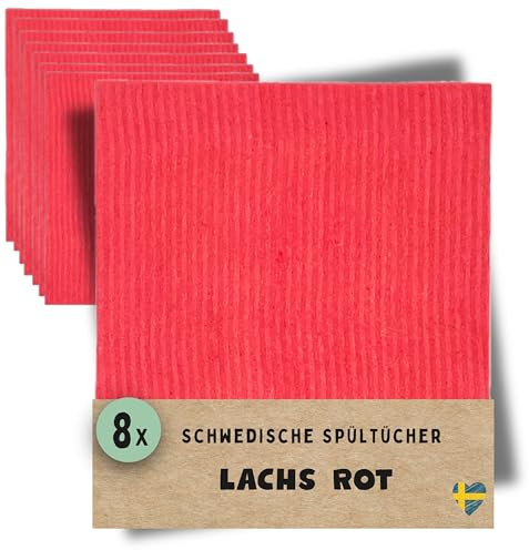 Grünschloss Spüllappen Rot waschbar (8X) – Original Schwedische Spültücher Baumwolle + Zellulose (Ohne Müffeln) – Natur Schwammtücher Küche, Abwaschlappen Bunt & Putzlappen Lachsrot