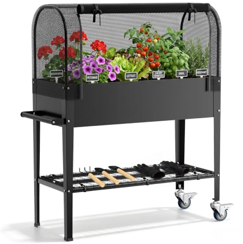 Orto Rialzato in Metallo con Rete di Protezione e Ruote 111x57x120 cm | Fioriera Rialzata Mobile, con Foro di Drenaggio, in Acciaio Zincato, Aiuola per Piante Verdure Erbe per Balcone Terrazzo