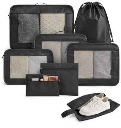 Light Flight 8-teilig Packwürfel Koffer Organizer Set Packing Cubes Reise | 8 Tasche für Kleidung Schuhe Kosmetika Toilette Zubehör, Leicht Travel Essentials Kofferorganizer für Backpack Rucksack