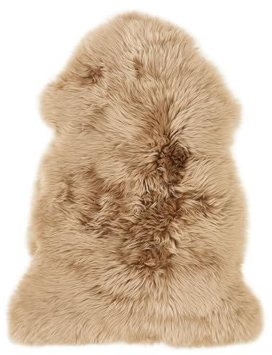 -LUXOR- living Schaffell echt, Fellteppich, Bettvorleger, 60 x 85 cm, Taupe | Oberseite 100% Wolle, Rückseite 100% Leder gegerbt, Florhöhe ca. 50 mm, Kuschelteppich