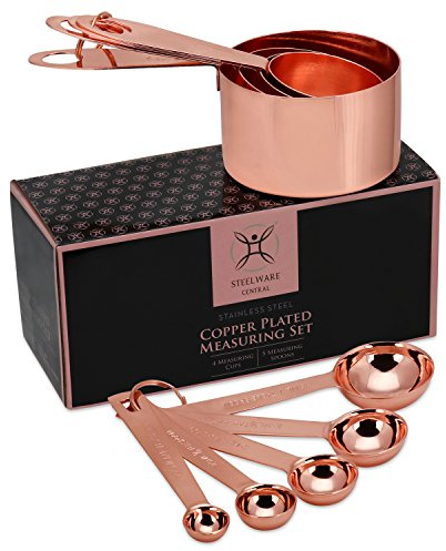 Steelware Central Copper Measuring Cups and Spoons Set - 9-Piece Food-Grade Stainless Steel Measuring Set with 2 Storage Rings for Heavy Duty Cooking & Baking, Rose Gold