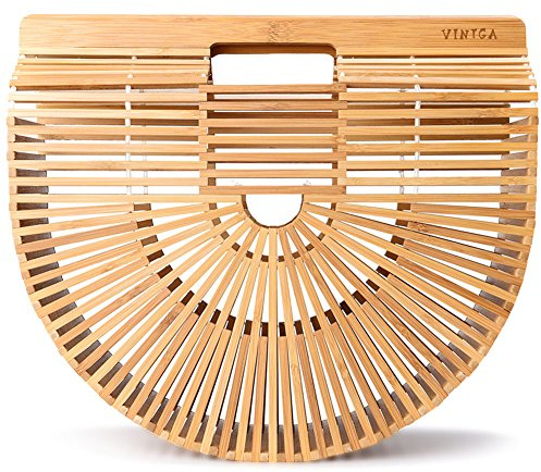 Vintga Bamboo Bags for Women Summer Straw Bags Wooden Beach Purses Basket Handle Handbags (Small)