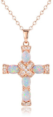 Barzel 18K Rose Gold Plated Created Opal Cross Necklace Pendant, 18 Inches with 2 Inches Extension (Rose Gold)
