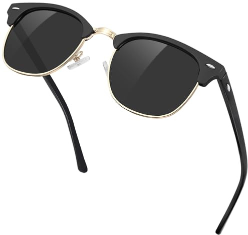 KANASTAL Occhiali da Sole Neri Scuri Uomo Donna Polarizzati con Mezza Montatura Metallo Oro UV400 Vintage Classici Retrò Black Sunglasses Men per Guida Pesca - Neri Opaco