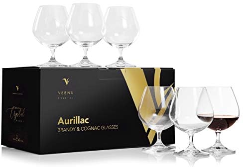 VC VEENU CRYSTAL Aurillac Lot de 6 verres à cognac à pied en cristal de Bohême pour brandy, cognac, whisky, 100 % sans plomb, 400 ml