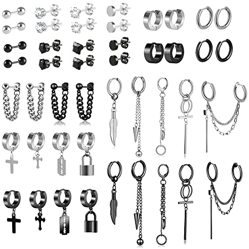 Schwarzes Ohrring-Set für Herren, Edelstahl-Ohrringe, 46 Stück, mehrfarbige schwarze Ohrstecker und Ohrhänger, lange Kette, Piercing-/Creolen-Set für Herren, Edelstahl