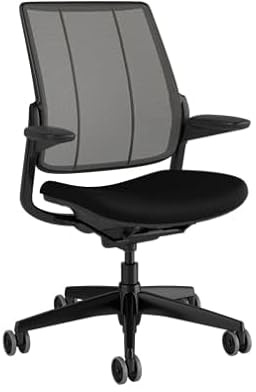 Humanscale Diffrient Smart Home Office Desk Chair, Adjustable Duron Arms, Black Frame and Seat Fabric, Alloy Silver Check Back Mesh with Hard Floor Casters