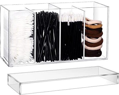 1 Pack 4 Compartment Acrylic Makeup Organizer with Lid Lash Cart Organizer for Lash Techs Bathroom Storage with 4 Tray Eyelash Mascara Brushes Supplies Brush Holder for Cosmetics or Office Supplies