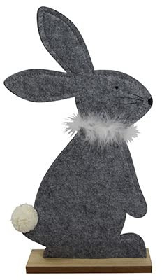 CHICCIE Aufsteller Hase mit Federkranz Filz Holz Grau Stehend 6x24x42cm - Ostern