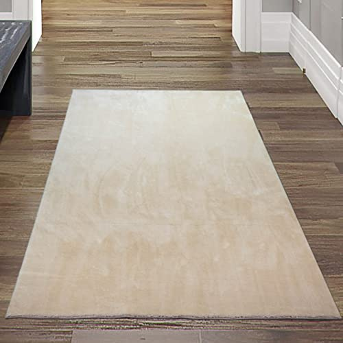 Teppich-Traum Moderner Teppich Waschbar Einfarbig Beige 60x110 cm | Kuschelig und weich, bis 30 °C waschbar, pflegeleicht, rutschfest, robust, saugrobotergeeignet, Wohn- & Schlafzimmer