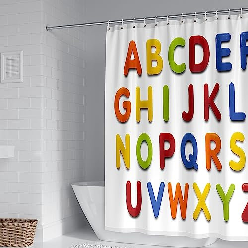 Whoiy Duschvorhang Textil Gewicht, Duschrollo Um Die Ecke 150X180cm Polyester Duschvorhänge 26 Buchstaben Bunt für Badezimmer Badewanne