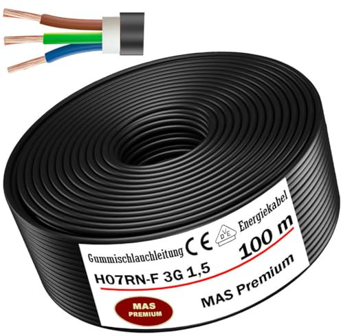 MAS Premium H07RN-F Câble de tuyau en caoutchouc - 5-100 m, 3G 1,5, 2,5, 4, 6, 10 - Câble flexible pour appareils lourds (3G1,5 mm², 100 m)